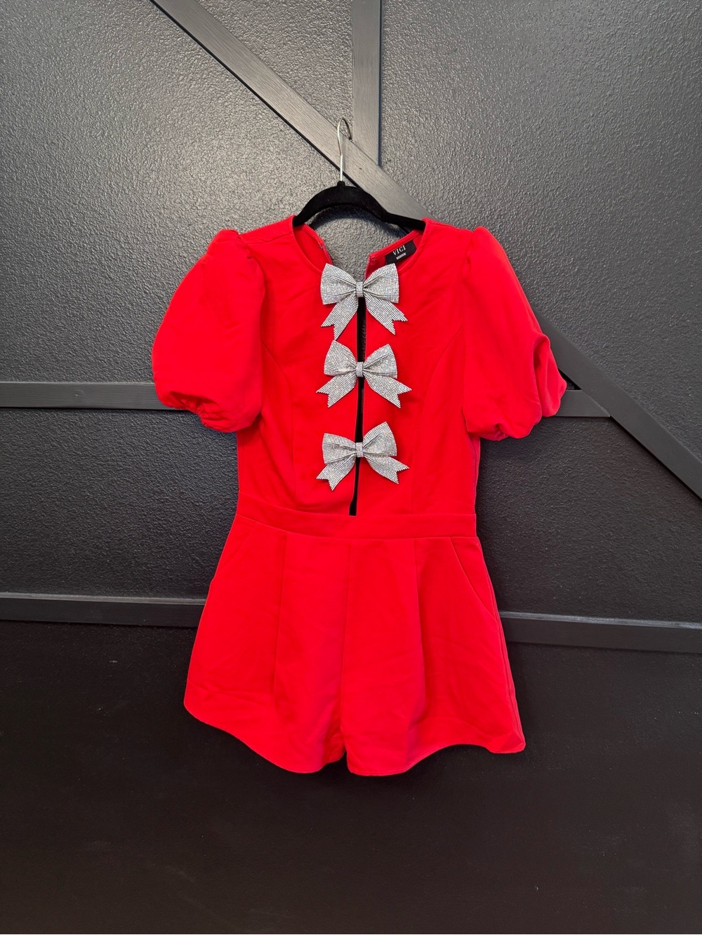 Vici Bright Red Puff Sleeve Romper with Silver Bows